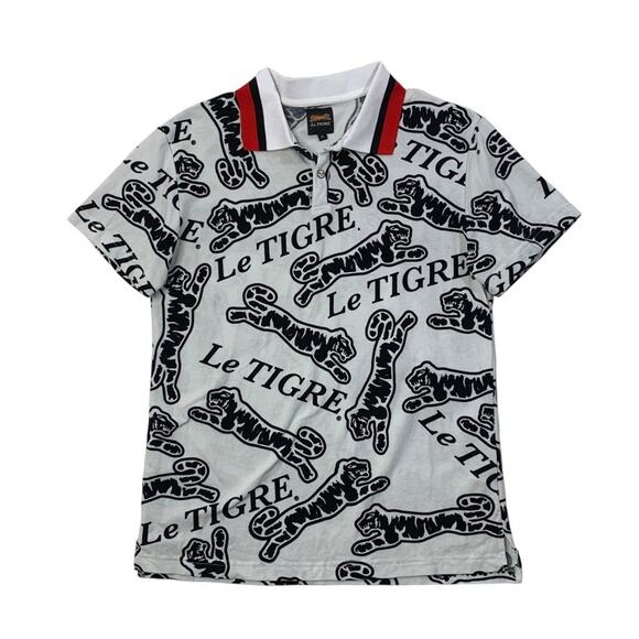 Le Tigre Polo Shirt Mens M White Red Cotton All Over Print Dumont Snap Buttons - Picture 1 of 10
